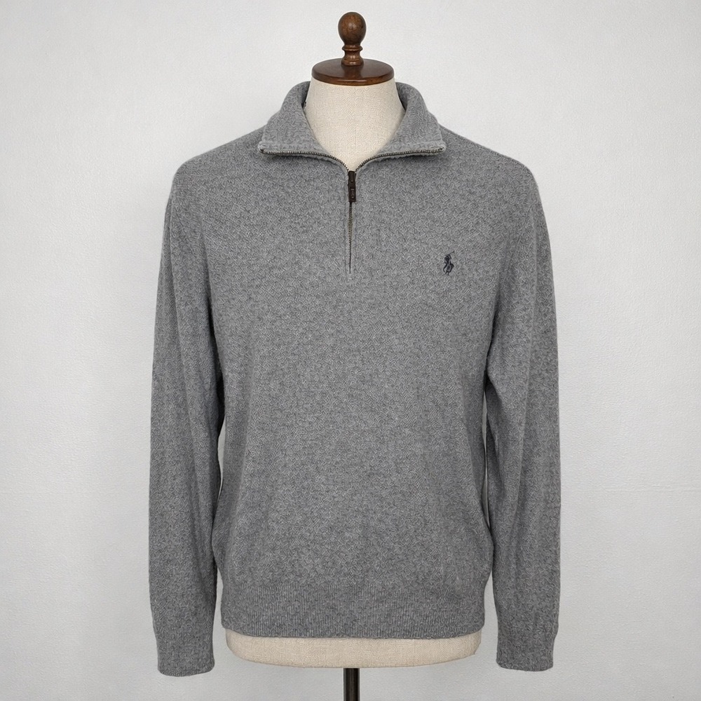 Polo Ralph Lauren 100% Silk Quarter Zip Sweater Mens XL Gray Textured Knit Mock